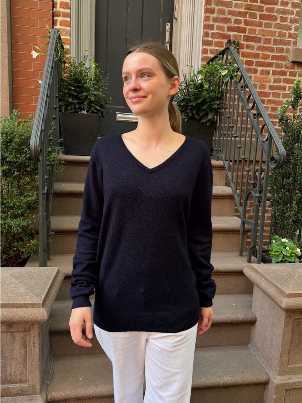 Brandy Melville Navy Blue 100% Cotton V Neck Knit Sweater Made in Italy
